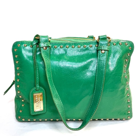 Badgley Mischka Nina Green Leather Studded Satchel Handbag - Picture 2 of 14